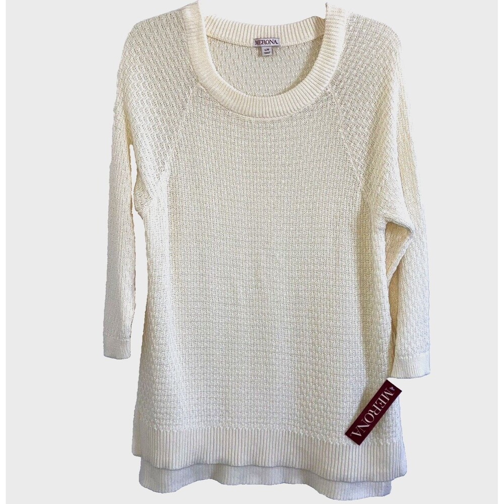MERONA  L 100% Cotton Off-White Knit Tunic Top Longer in Back Slouch Breathable